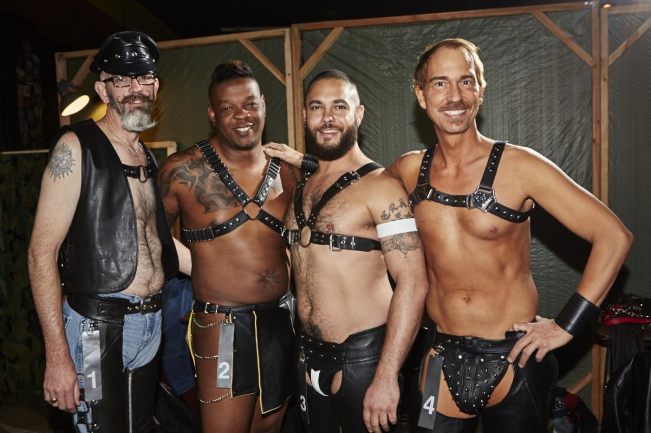 The contestants backstage before the show at The Mr. Midwest Leather Competition on October 3, 2015 at JJ's Clubhouse.