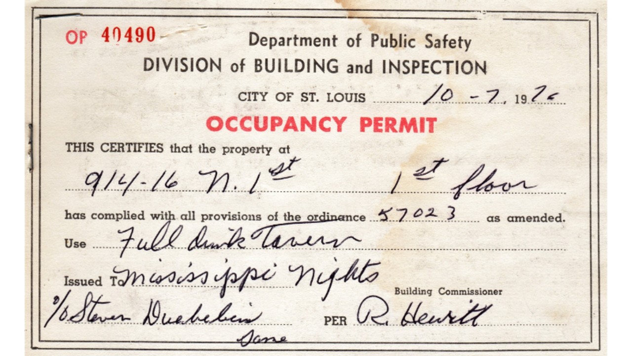 The occupancy permit for Mississippi Nights when it opened in 1976.