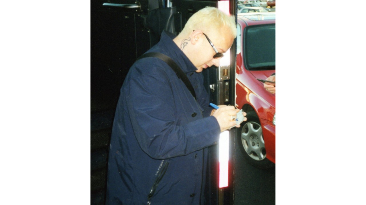 Boy George of Culture Club behind Mississippi Nights, October 10, 2000. Patron Cyndi Bauman remembers meeting Boy George during a Culture Club reunion tour. Most of the band got off of the tour bus in front of the night club, but Boy George got off behind the venue. "He signed plenty of autographs and took lots of photos before joining the rest of the band for soundcheck," she says in Mississippi Nights: A History of the Music Club in St. Louis.