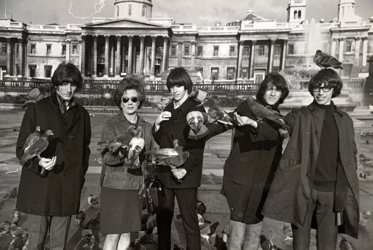 The Aerovons, with Maurine Hartman, in Trafalgar Square. Tom Hartman is second from right.