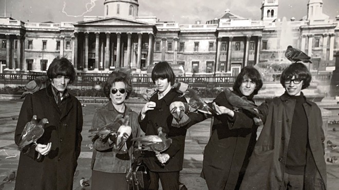 The Aerovons, with Maurine Hartman, in Trafalgar Square. Tom Hartman is second from right.