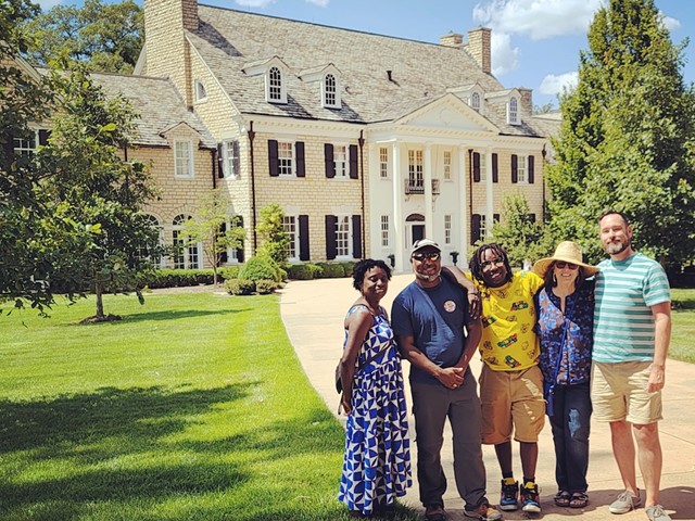 Writer Chris Andoe (far right) on the Alton Garden tour with friends and his husband Kage Black (second from left).