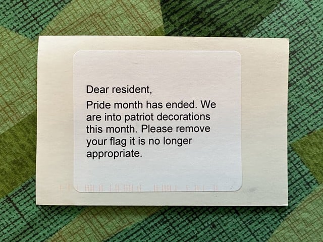 An anonymous writer sent Drew Hubbard this letter about the pride flag hung outside their home year-round.