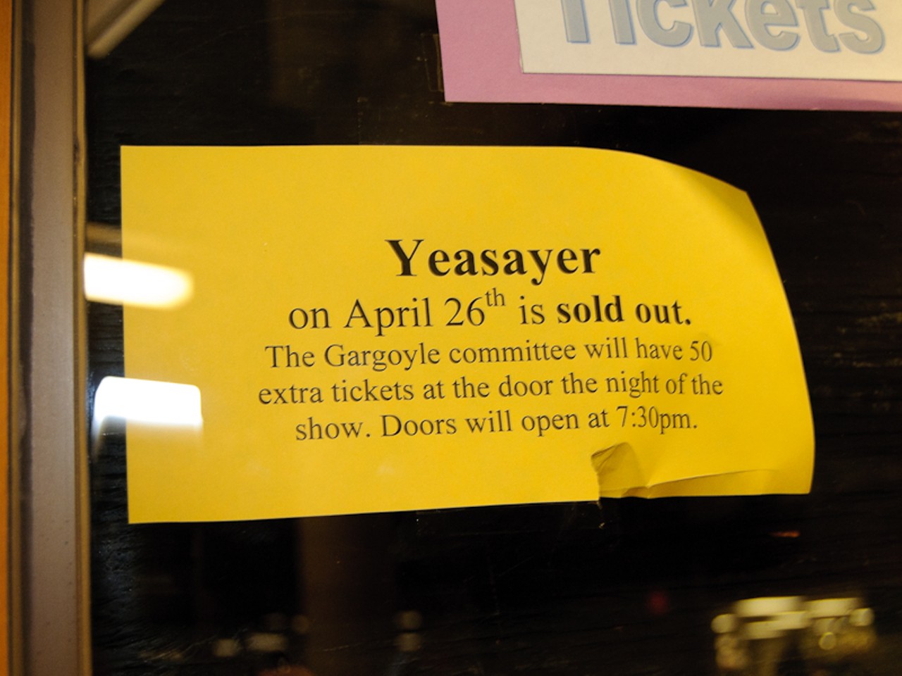 A sign posted at the Edison box office at Washington University before the Yeasayer show on April 26 caused confusion among fans who thought there were more general-public tickets available. The 50 extra tickets though, were reserved for students. Read the Yeasayer concert review here and see photos of Yeasayer at the Gargoyle at Washington University here.