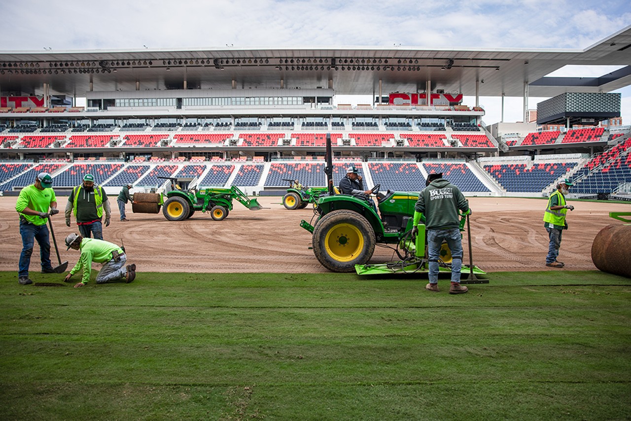 Workers make incremental adjustments to recently installed sod.