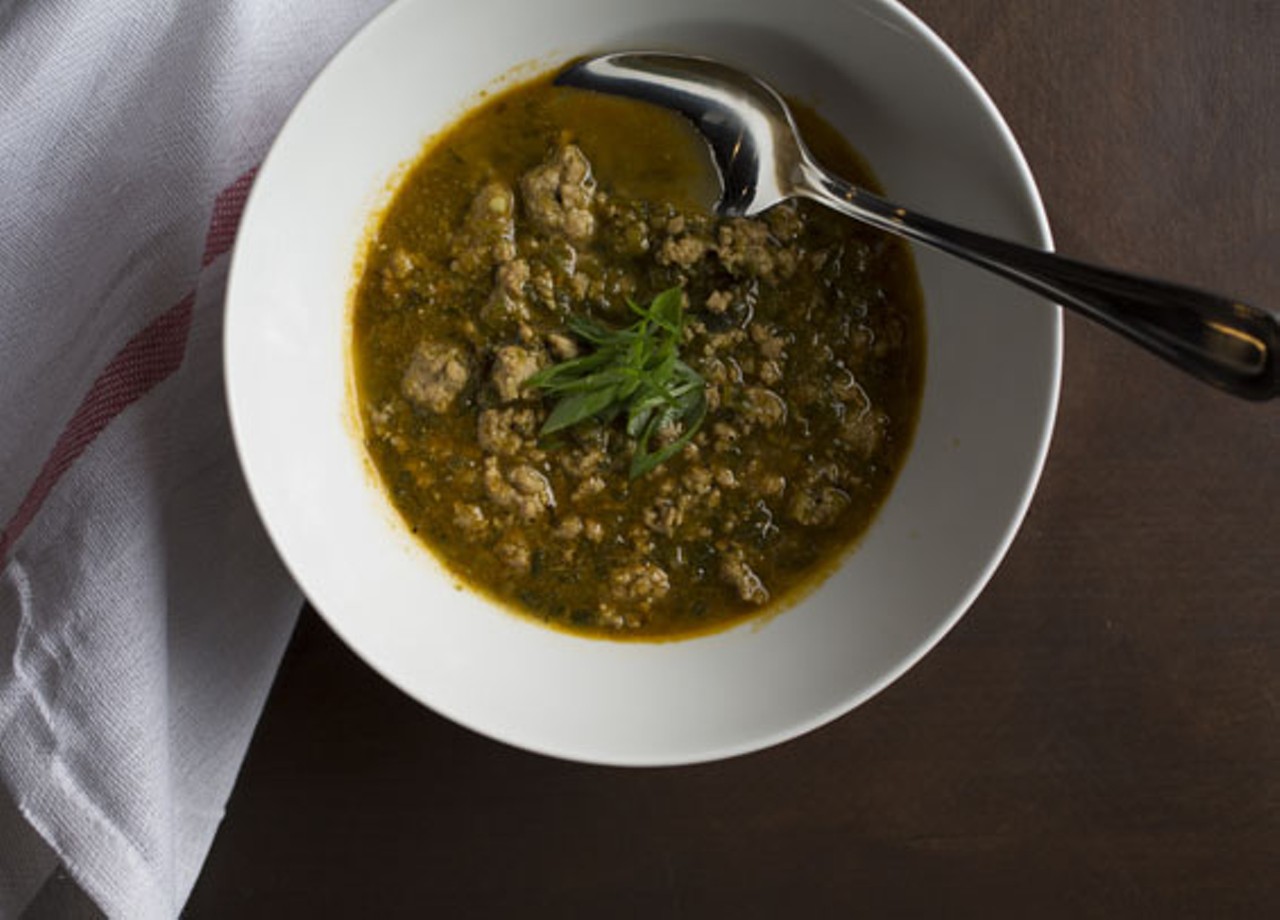The pork chile verde is made with smoked poblano peppers, onion, garlic, ground pork and spices.