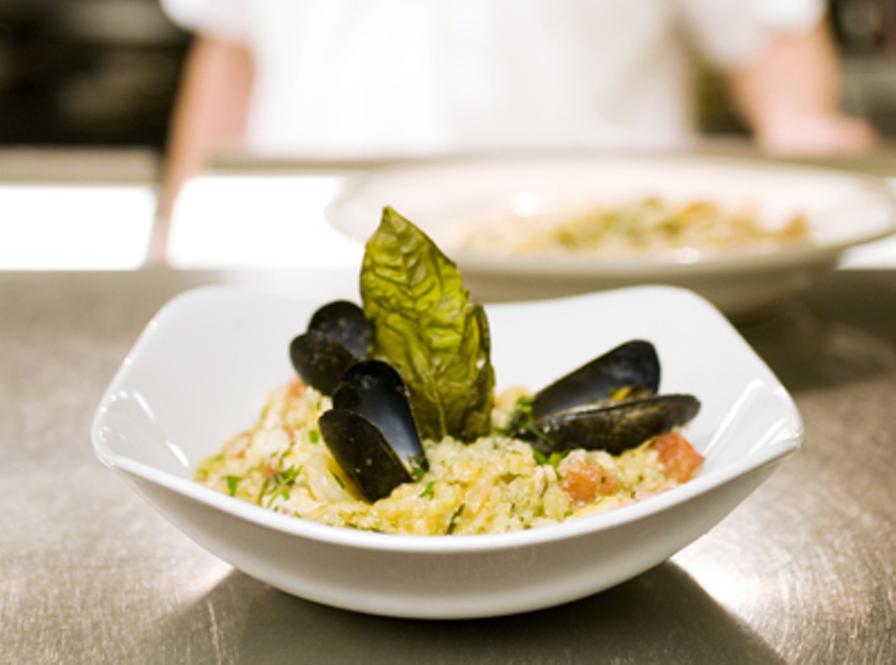 Seafood and tomato risotto with mako shark, mussels, shrimp, bay scallops and artichokes.