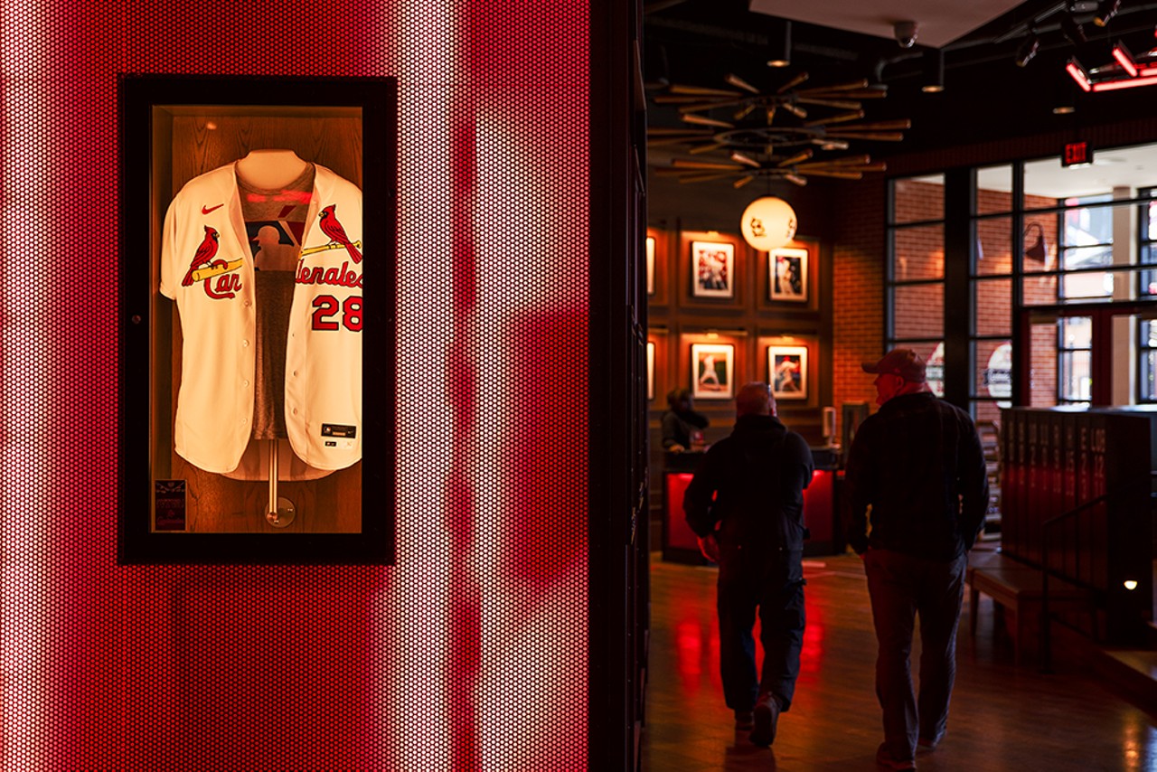 Jerseys and other Cardinals memorabilia hang inside of Cardinals Nation.