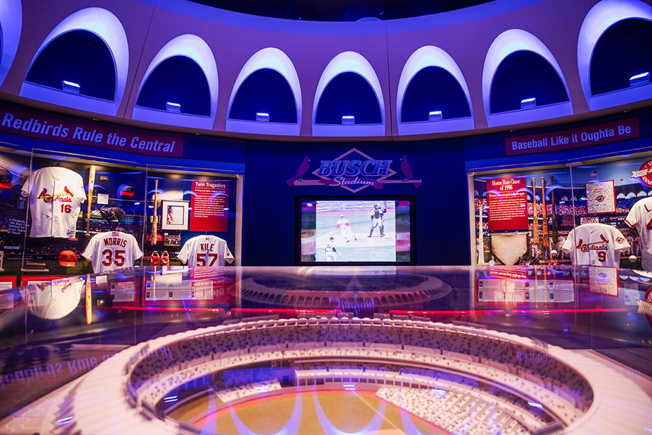 Cardinals memorabilia fills a room modeled on  the original Busch Stadium inside the St. Louis Cardinals Hall of Fame and Museum at Ballpark Village.