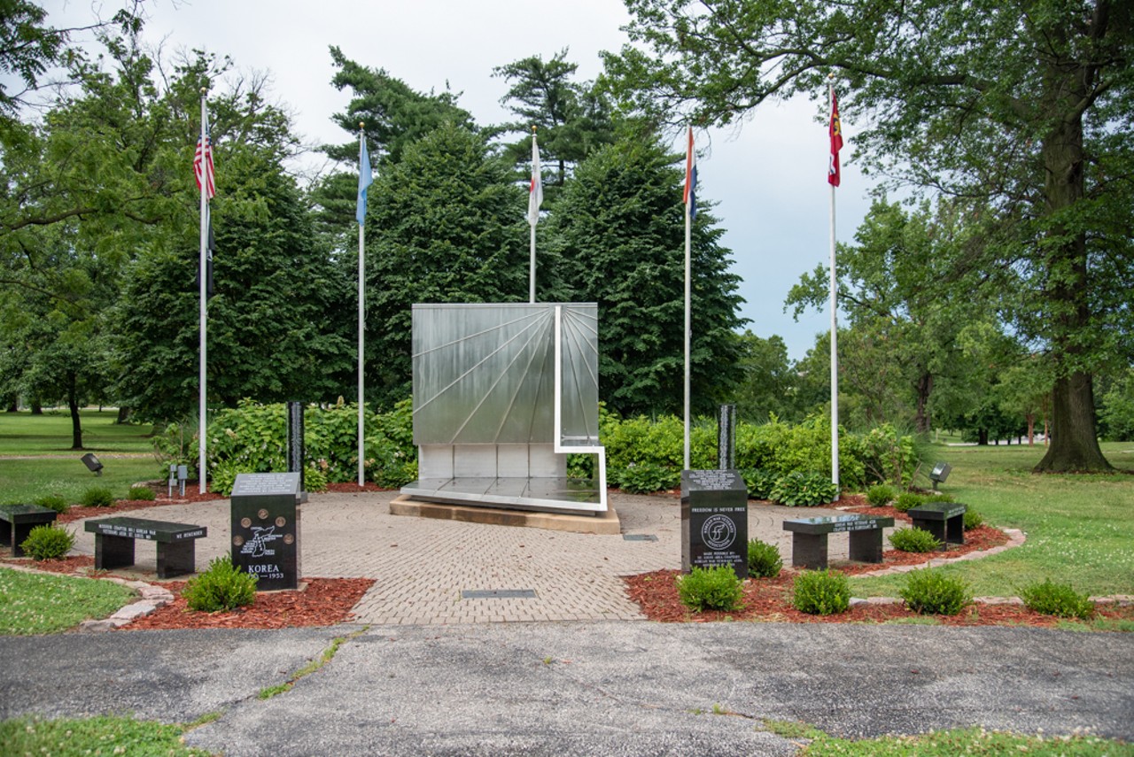 The Korean War Memorial in Forest Park pays tribute to the 54,246 Americans who died in the Korean war. It's ten feet tall and stainless steel and it's also a working sundial. The inscription on the memorial is &#147;Diem Adimere Aegritudinem Hominibus,&#148; which means &#147;Time heals all wounds.&#148;