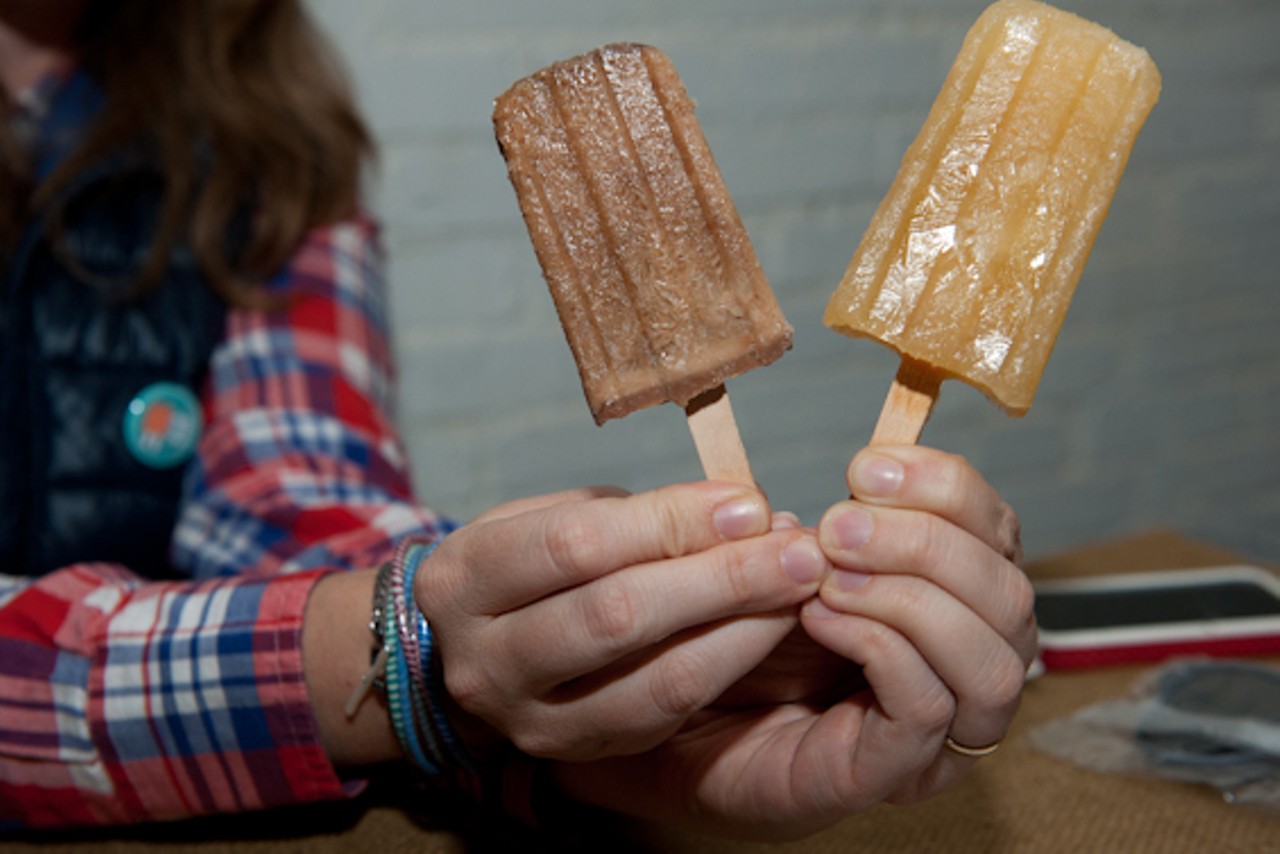 A Schlafly coffee stout with bittersweet chocolate sauce ice pop and a bourbon ginger snap ice pop with Corner Creek bourbon from Native Pops.