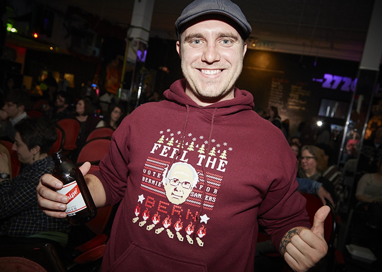 Erik Cain's Sanders shirt doubles as an entry for the "Ugly Sweater" contest