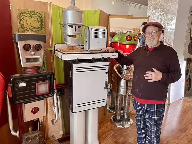Bill Christman and some of his robot children who live at his new space in the Loop.