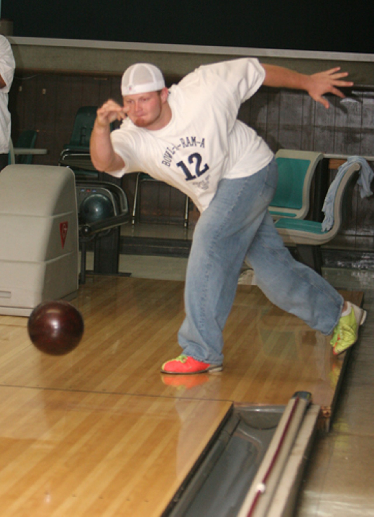 Rams rookie tight end, Doug Jones, shows his bowling form.