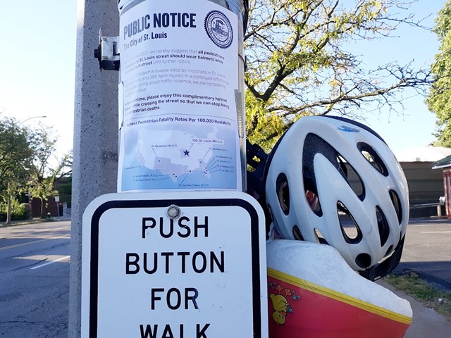 St. Louis' unsafe streets led to a guerrilla campaign last fall, in which activists provided helmets for pedestrians to use crossing the street.