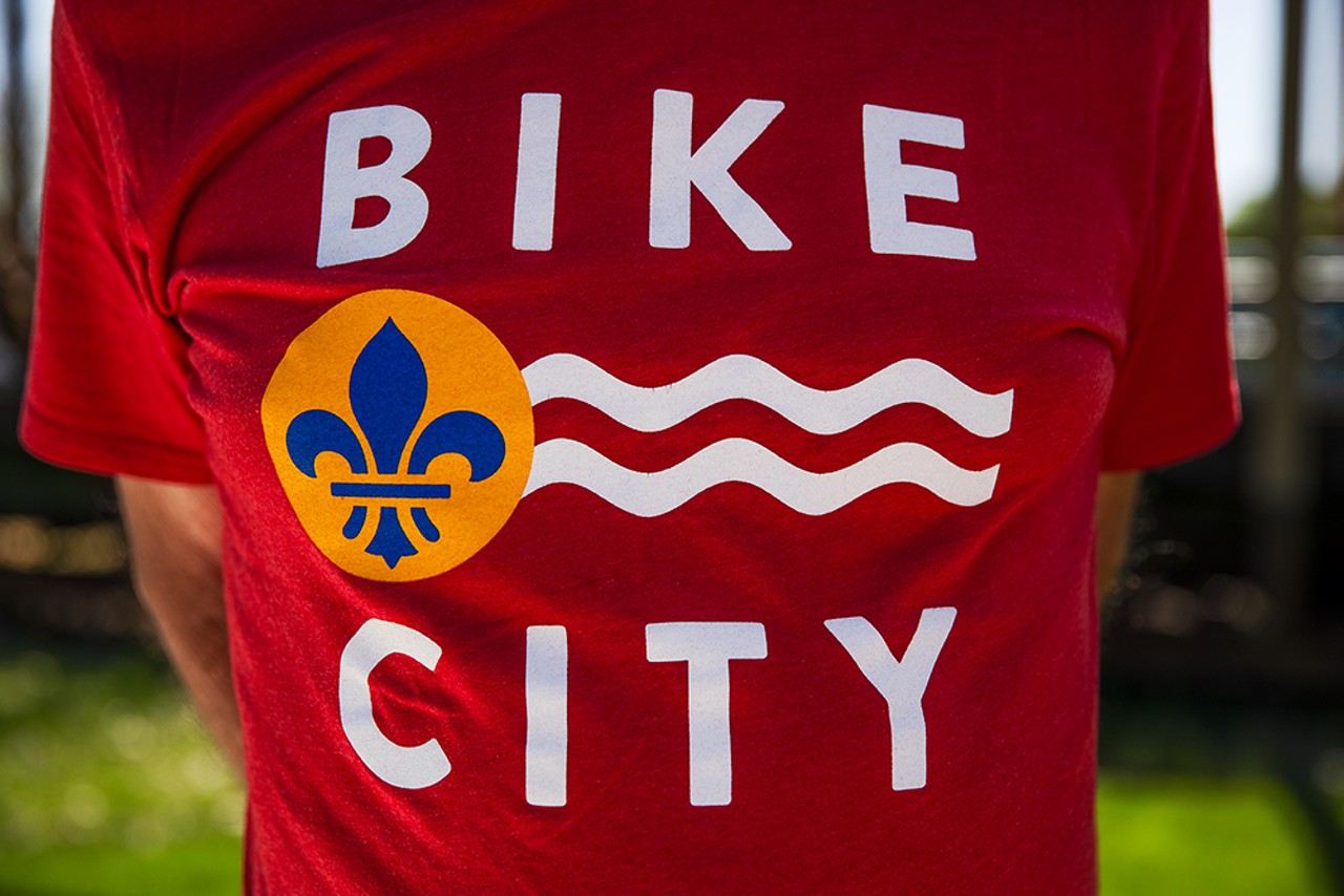 Roy Moyers wears a St. Louis-themed bicycle t-shirt on Sunday, April 14, 2024, at Chain of Rocks Park.