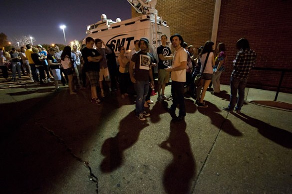 Fans waiting outside the Firebird for the free Chiddy Bang and Diplo show.