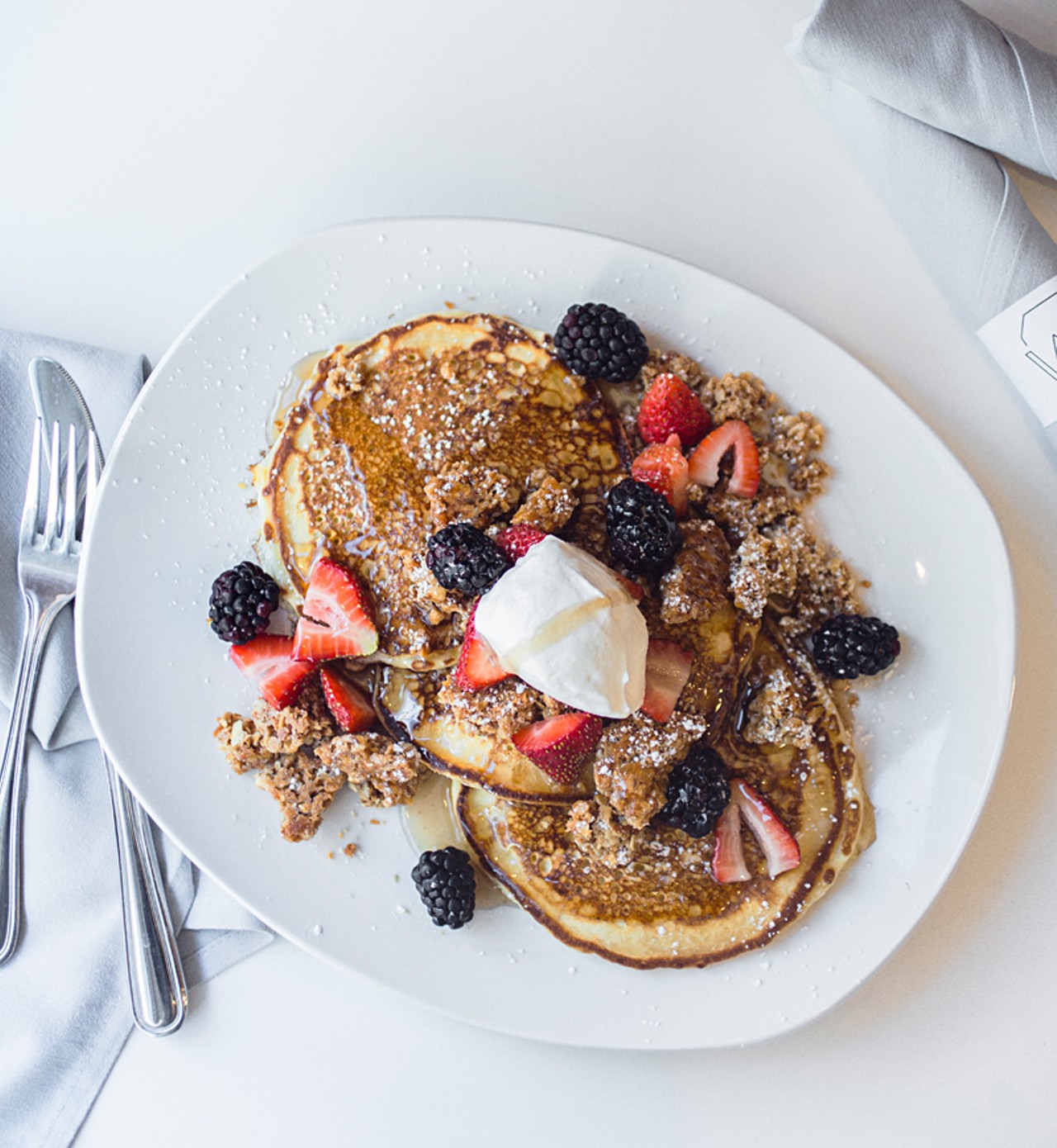 The granola pancakes are standouts, made with sweet cream, berries and maple syrup.