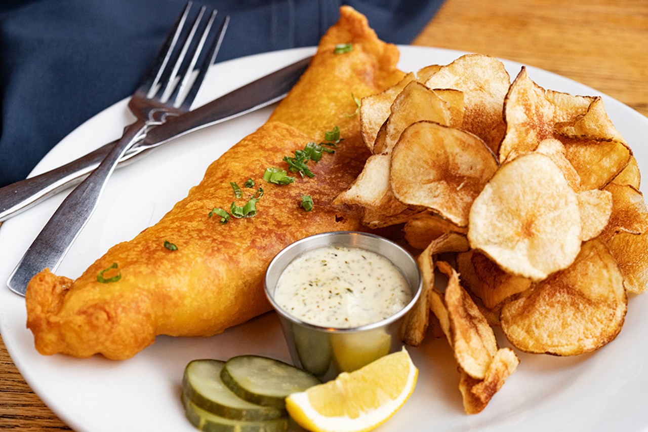 Dressel's beer-battered Norwegian haddock with housemade potato chips and pickles.