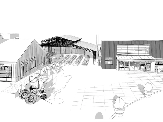 A rendering of the planned space, showing (left to right) Cider Donut & Custard Shop, Cider Shed Pavilion, and Cider Shed Tasting Room.