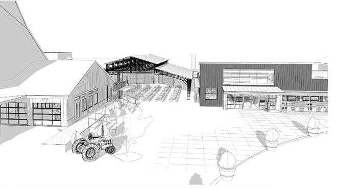 A rendering of the planned space, showing (left to right) Cider Donut & Custard Shop, Cider Shed Pavilion, and Cider Shed Tasting Room.