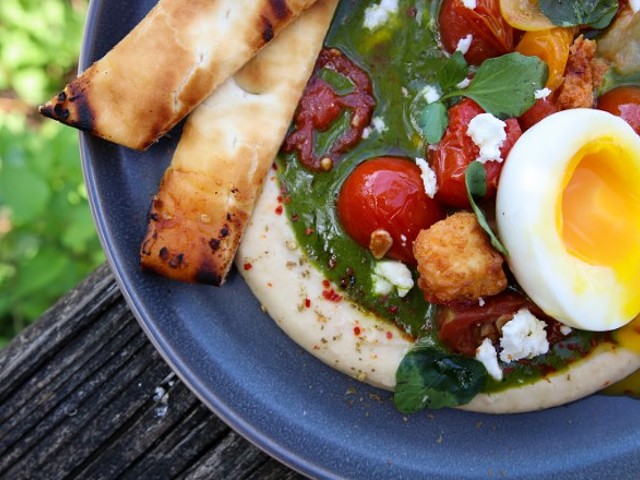 Za'atar hummus with spinach gremolata, fried feta cheese and a soft-boiled egg is one of the dishes being tested at the upcoming Egg dinner pop-up.
