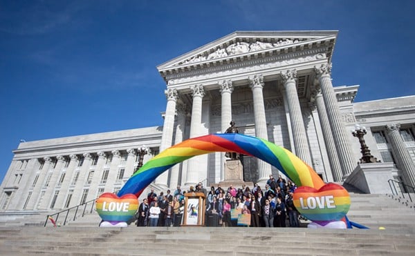 LGBTQ advocates speak at a rally on the steps of the Missouri Capitol February 7
