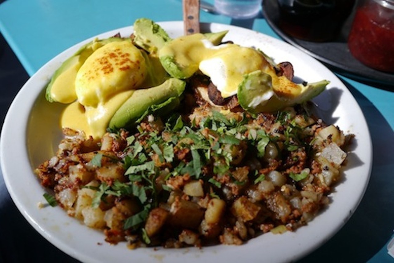 Don't think about how you're going to feel walking out of Boogaloos in San Francisco, California. Just think about you good you're going to feel eating their plate of chorizo hash, poached eggs, hollandaise sauce and avocado.