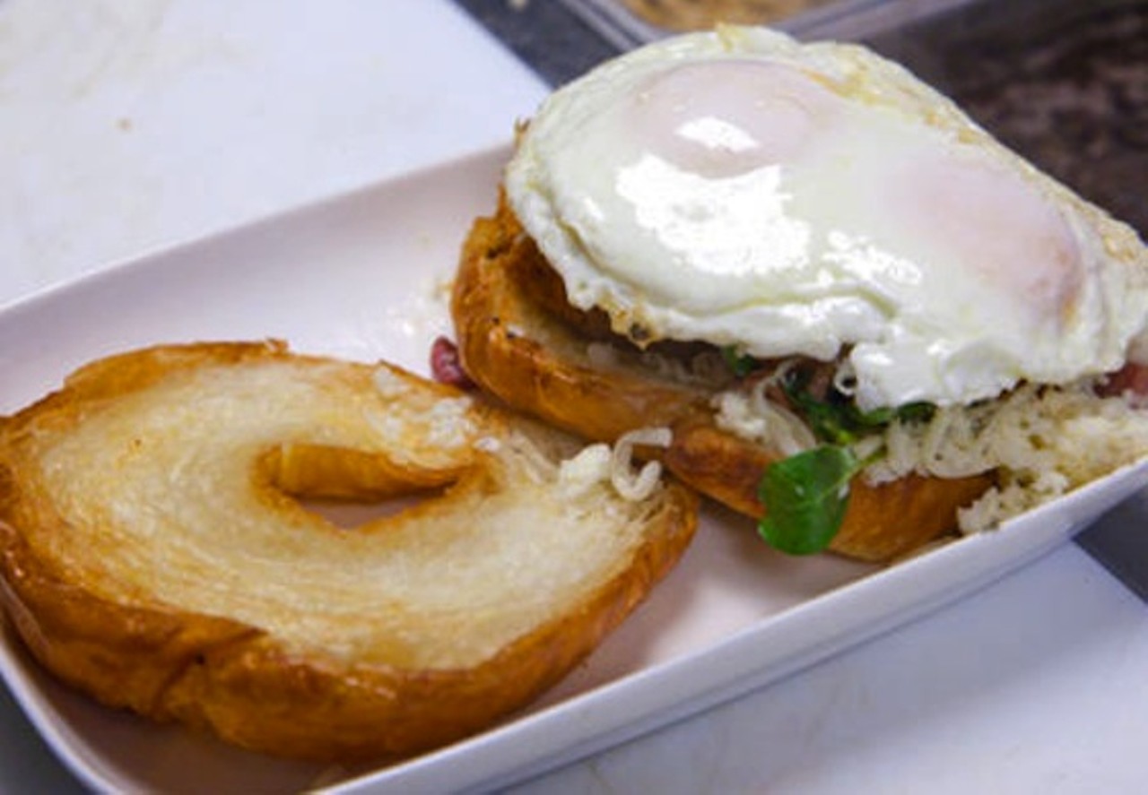 What is a breakfast croissant without a fried egg on top? Not a breakfast sandwich Down House in  Houston, Texas would serve.