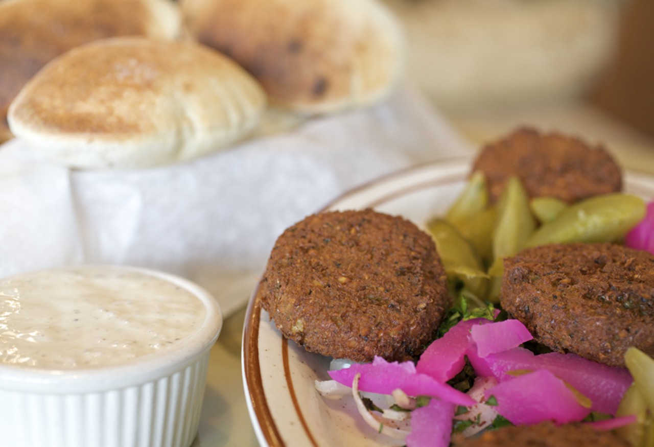 Another appetizer, shown here, is falafel. Chick peas, garlic and spices blended together and fried. You can also order the falafel as a sandwich.