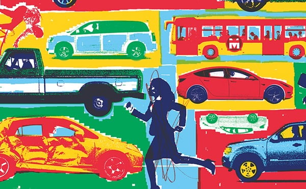 Colorful illustration of cars and alternative transportation.