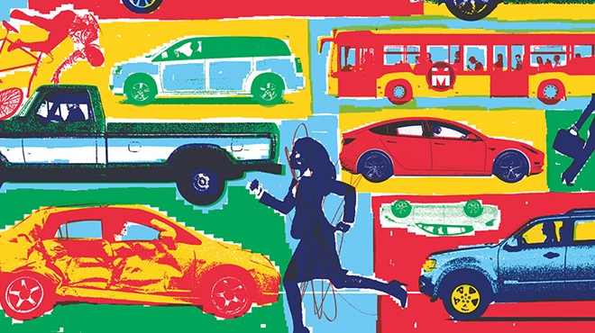 Colorful illustration of cars and alternative transportation.