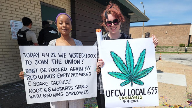 From left, Joanna Njama and Em Holmead stand outside Root 66 on South Grand Boulevard after employees voted to form a union.