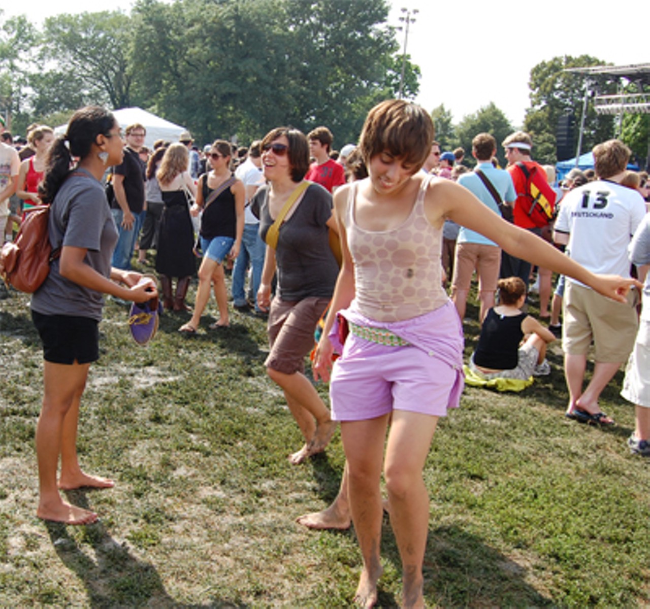 Big purple shorts and dancing in the mud, a free-spirited get-down.
Click here for set reviews and  more photos from Pitchfork '08.