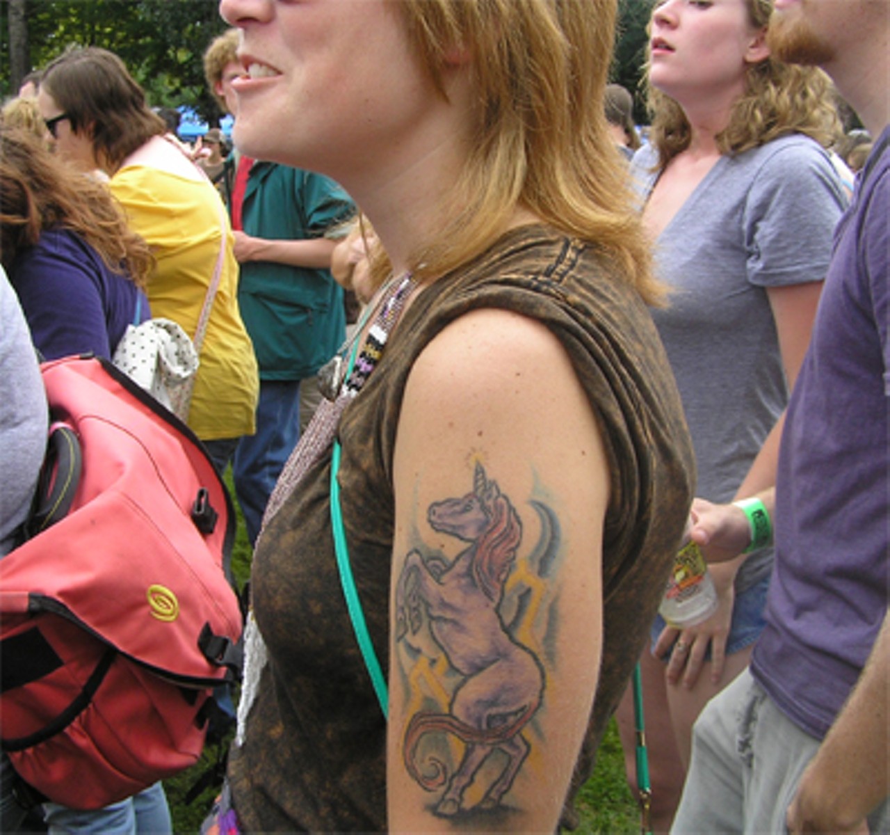 Not content to show off lowest-common-denominator tattoos like Chinese symbols and/or lower-back tramp stamps, Pitchforkers showed off tats of a more indie-rock variety. Like unicorn tattoos.
Click here for set reviews and  more photos from Pitchfork '08.
