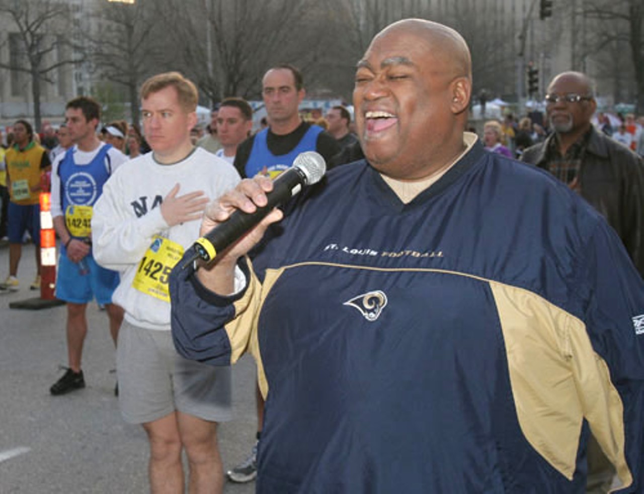 Charles Glenn sings the National Anthem to kick off the Go! St. Louis Marathon. Glenn also occasionally performs the National Anthem at St. Louis Blues, Rams, and Cardinals games.