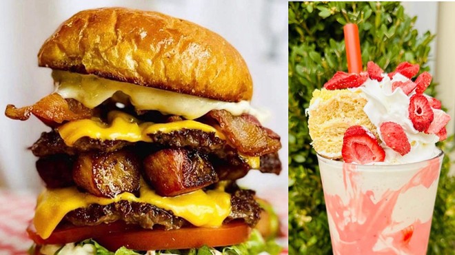 Offerings at the new location include the Belly Clarkson Burger (left) and a Strawberry Gooey Butter Shake.