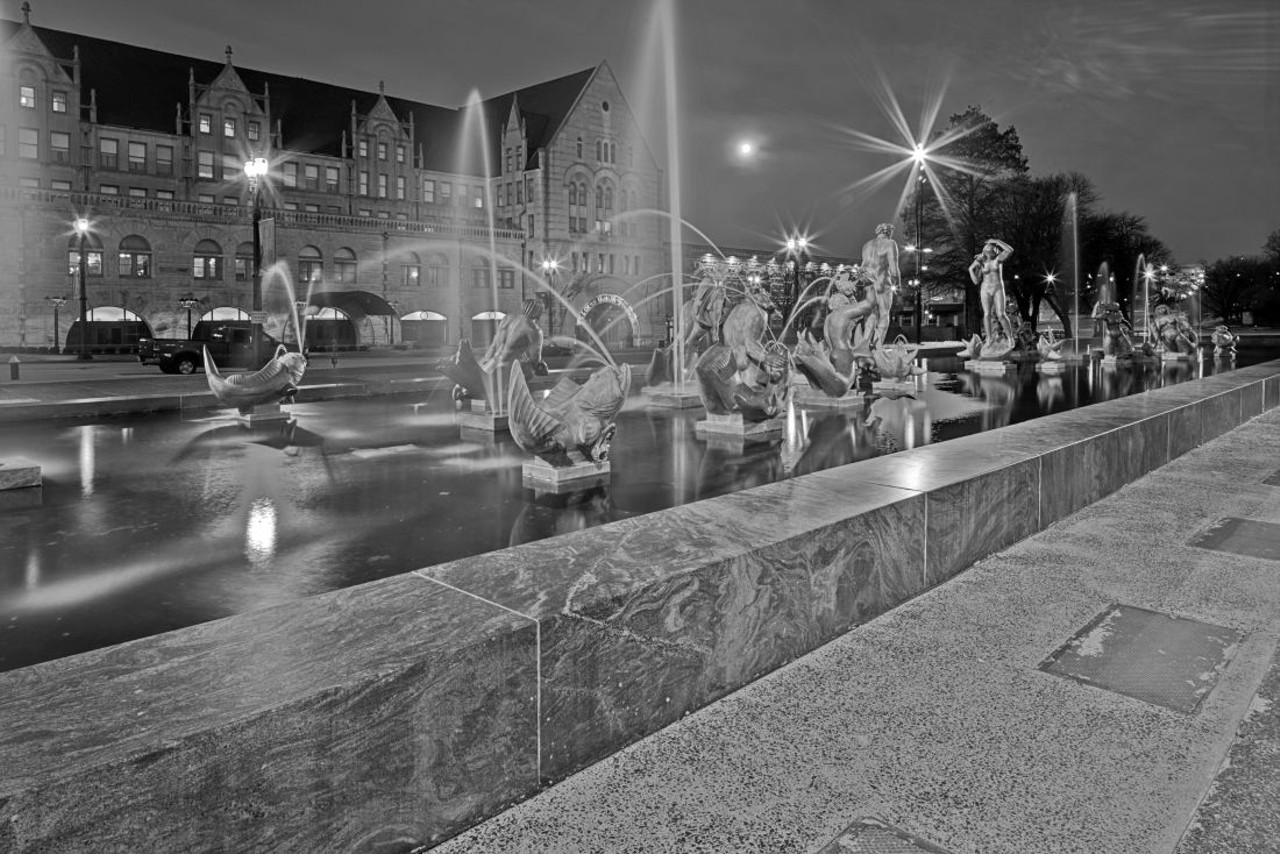 This Used to Be: The Meeting of the Waters
Now It's: the Milles Fountain
Location: Downtown
Why is the female body always such an issue for people? "Expansive Aloe Plaza, the park facing Union Station, is the stage of the stunning Milles Fountain. Officially named The Meeting of the Waters, it depicts the confluence of the Missouri and the Mississippi Rivers. The great Swedish sculptor Carl Milles created the fountain with fourteen bronze figures in a giant rectangular pool of black and salmon marble. When it was unveiled in 1940, the fountain's male and female figures were so provocative that they stirred a short-lived controversy."
"This used to be: Death Valley. Now it's: Aloe Plaza." Image courtesy of Don Korte.