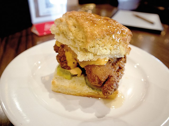 Since October, Honey Bee’s Midtown has been serving its delectable biscuits, like this chicken biscuit, from within Beffa’s.