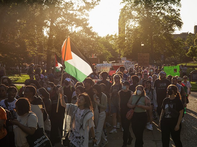 Pro-Palestinian protestors fill the campus of Saint Louis University on May 1, 2024.