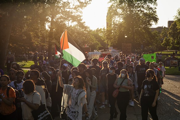 Pro-Palestinian protestors fill the campus of Saint Louis University on May 1, 2024.