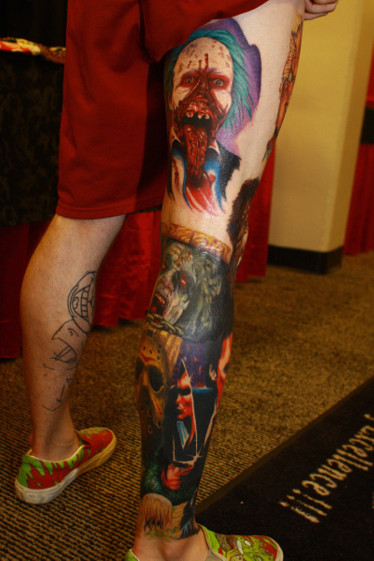 Chase Dryden's horror leg piece by Drew Shurtleff of Big Daddy's Tattoo in Oklahoma City, Oklahoma.