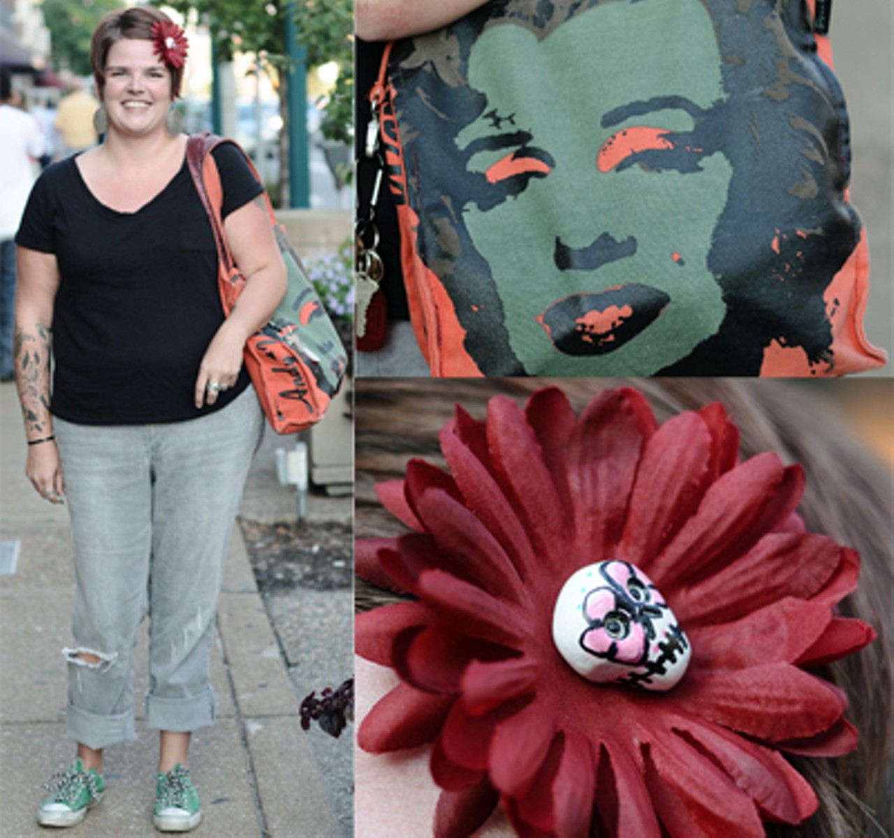 Amanda, 29, Tower Grove Park
Hair Clip: "Day of the Dead" Bobby Pin. Purchased from the Mad Art Gallery show because she wanted a "big hardcore flower." Bag: A thrift store find for $10. Bought because "Andy Warhol is God."
Summer Style: "Be that character." Today's look is I-don't-give-a-shit day....but still cute.
