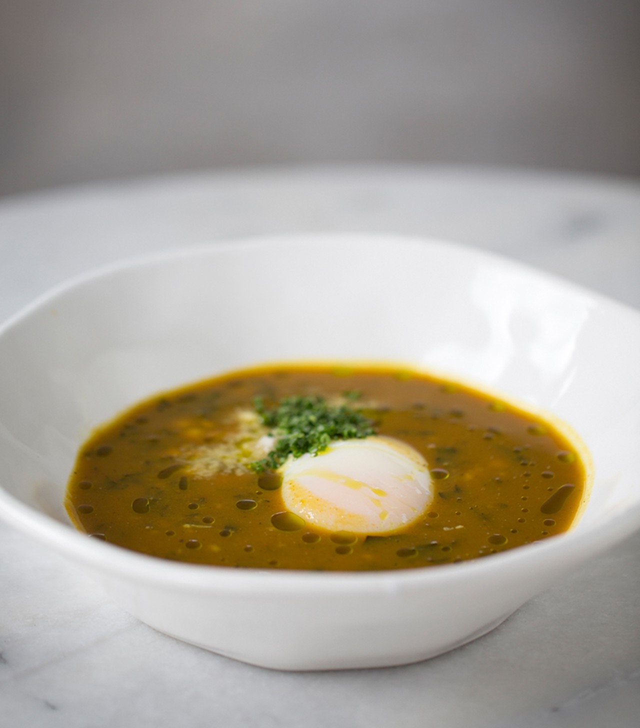 At Olio - The lunch soup with poached egg, pumpkin, farro, and kale.