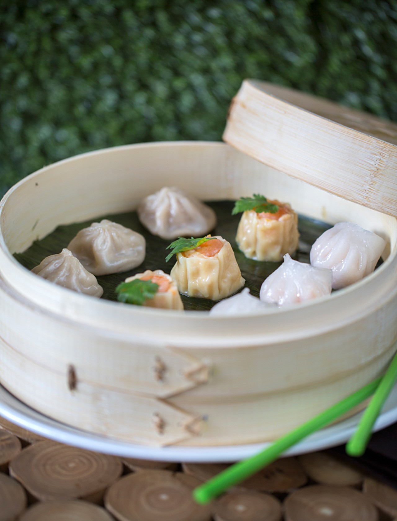 This dim sum platter features Shanghai soup dumpling, pork shao mai and shrimp har gow.