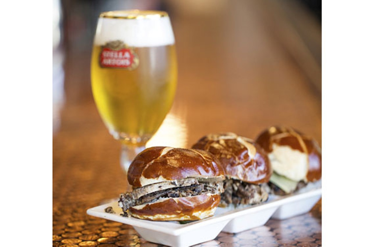 The "Pretzel Sliders" appetizer, made with balsamic brisket, horseradish mayo, Vermont white cheddar and organic mushrooms.