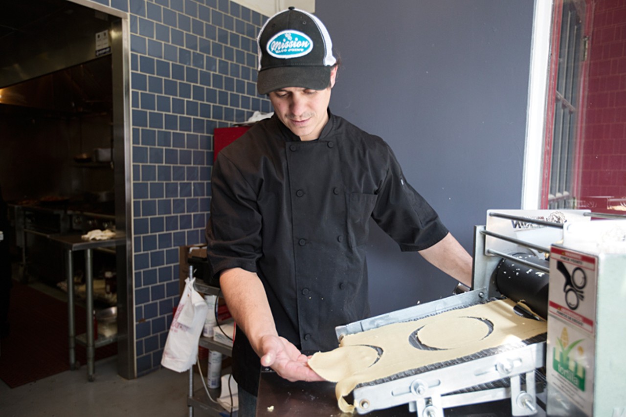 Owner and chef Jason Tilford making fresh tortillas at Mission Taco Joint.