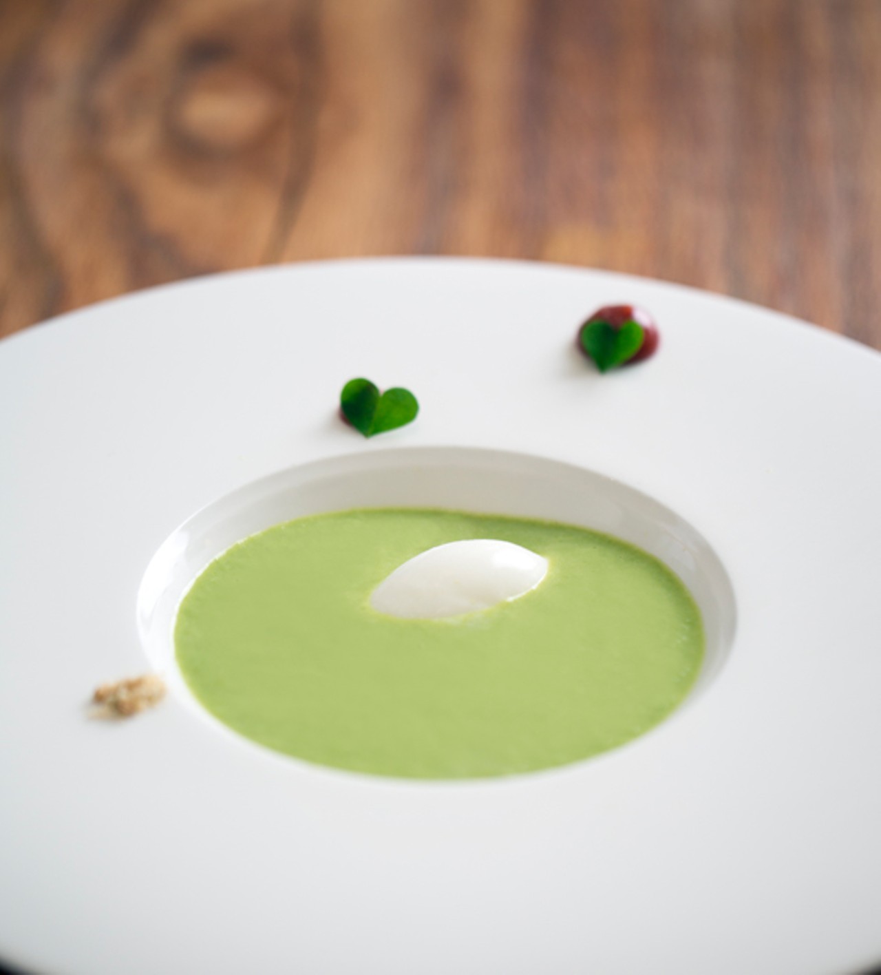 Spring onion soup, made with rhubarb, buckwheat and wood sorrel.