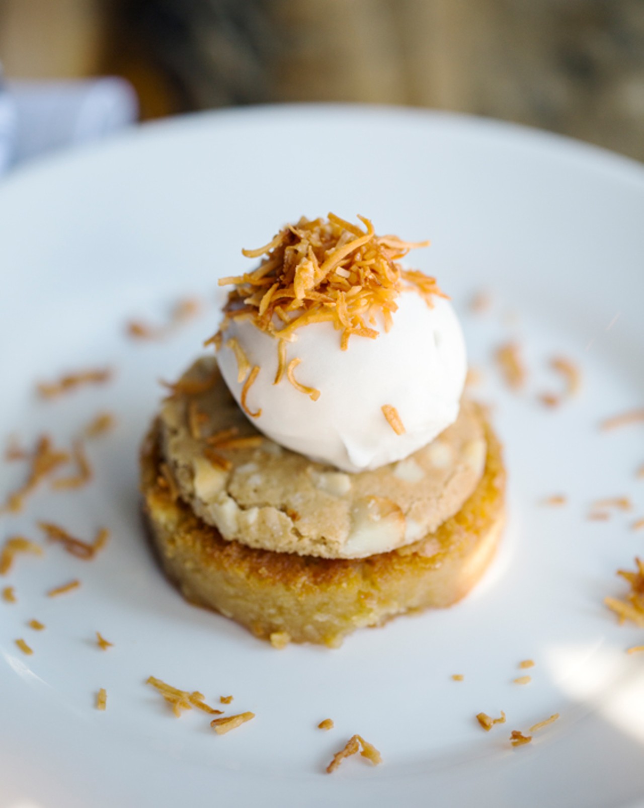 The Libertine's blondie with coconut sorbet and macadamia nut tuile.