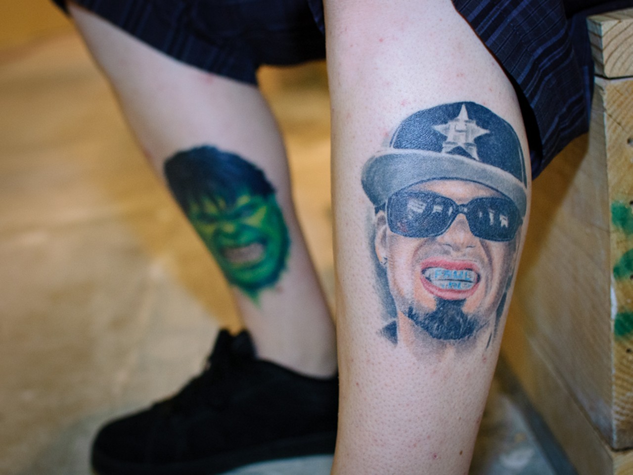 Mark Persek drove three-and-a-half hours from Danville, Illinois to show his leg tattoos -- The Hulk and Paul Wall. Check out that bling.